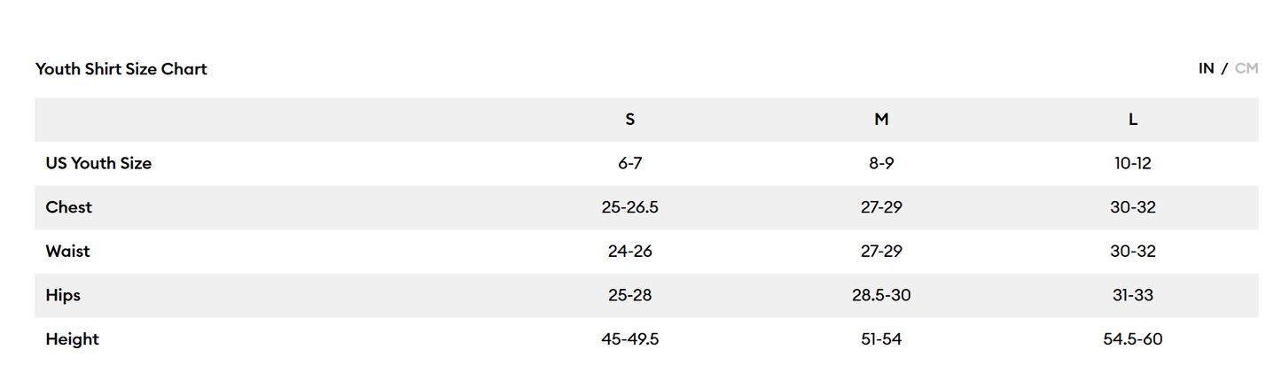 Youth shirt size chart with measurements for S, M, and L sizes.